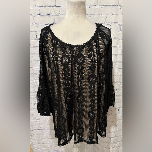 LIZ CLAIBORNE CAREER WOMAN BLACK LACE LINED BLOUSE BELLE SLEEVES Size 1X - Picture 1 of 7